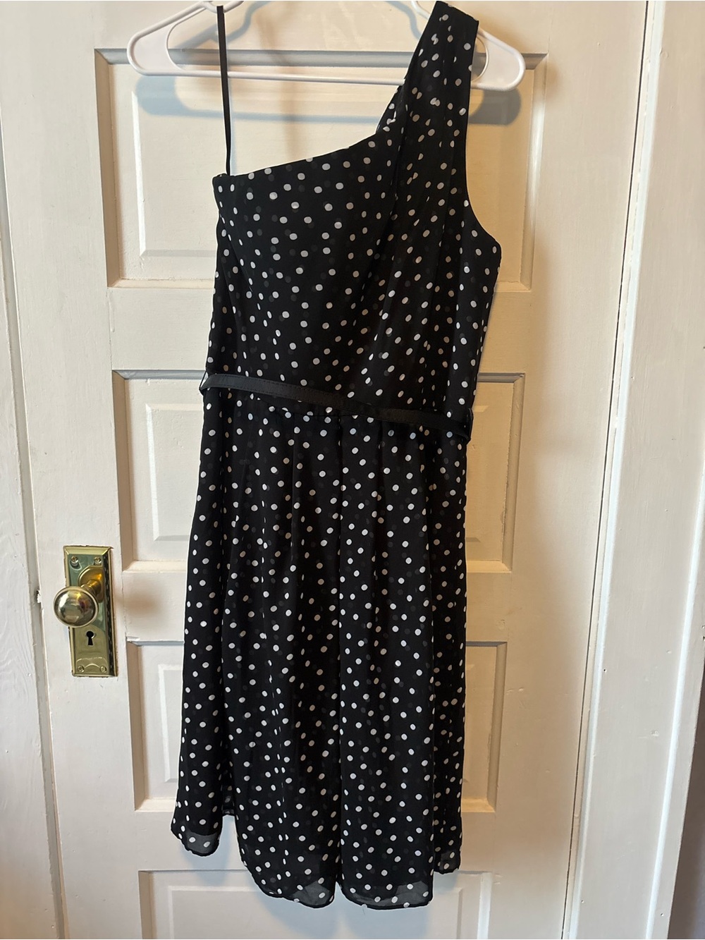 White House Black Market Black One-Shoulder Polka Dot Dress - Picture 7 of 7